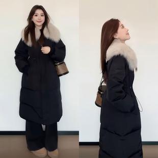 棉服女冬季 黑色加厚保暖中长款 小众设计感大毛领棉衣 女装 胖mm大码