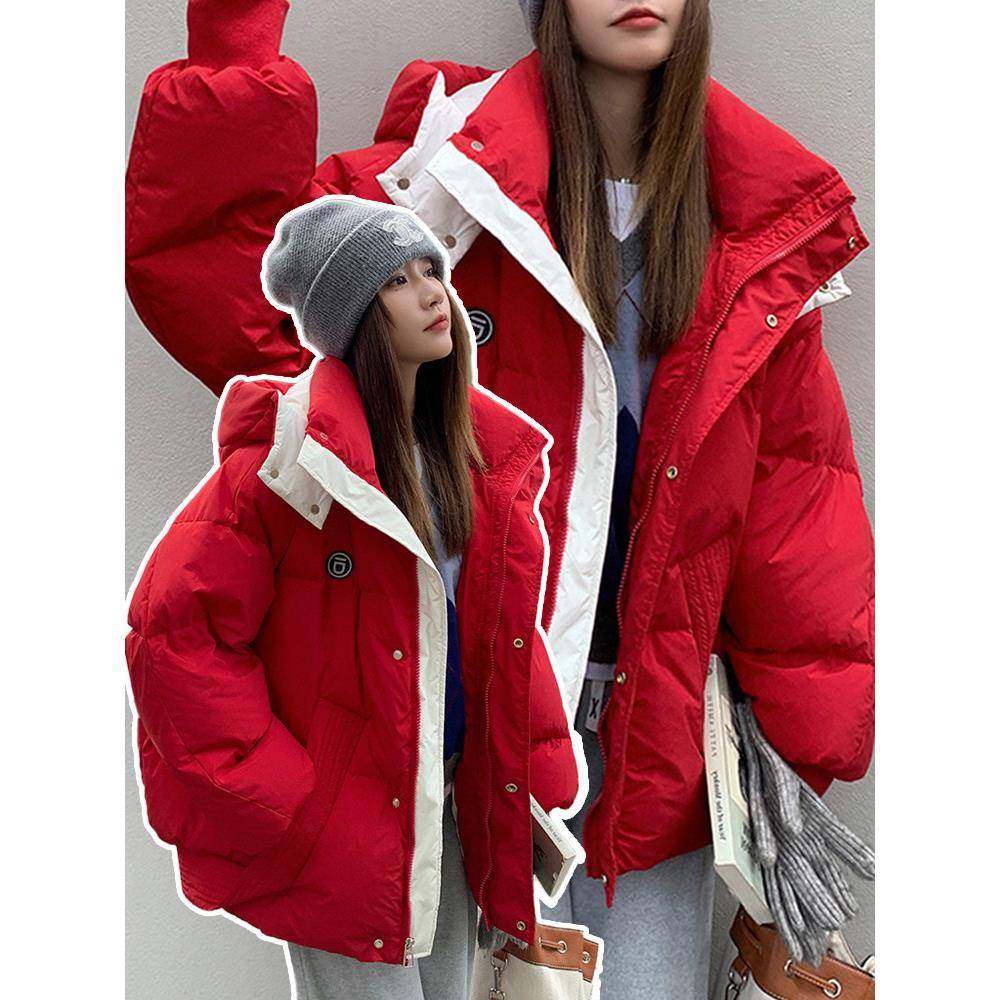 300斤大码女装红色连帽短款棉服女胖mm加厚宽松可爱面包服外套女