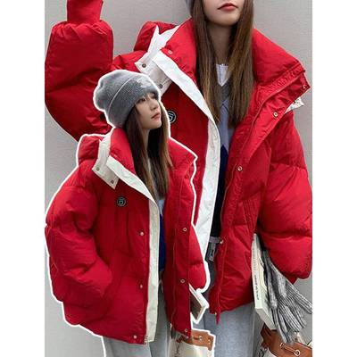300斤大码女装红色连帽短款棉服女胖mm加厚宽松可爱面包服外套女