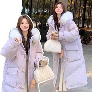 过膝温柔系外套 胖mm紫色大毛领加厚棉服女韩系长款 300斤大码 女装