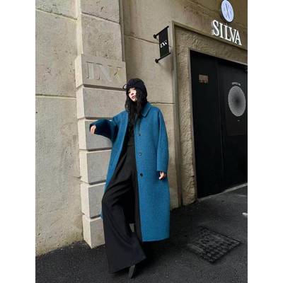 蓝色双面羊绒大衣女2025秋冬季新款韩版宽松中长款高端羊毛呢外套