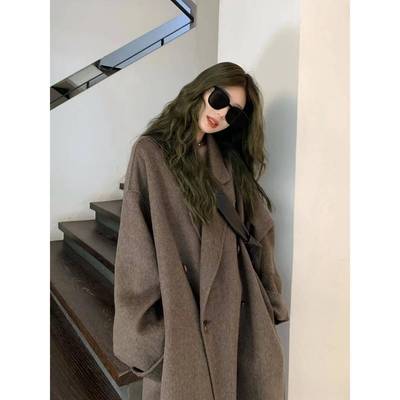 摩卡棕双面羊绒大衣女中长款慵懒风2025新款韩系宽松羊毛呢子外套