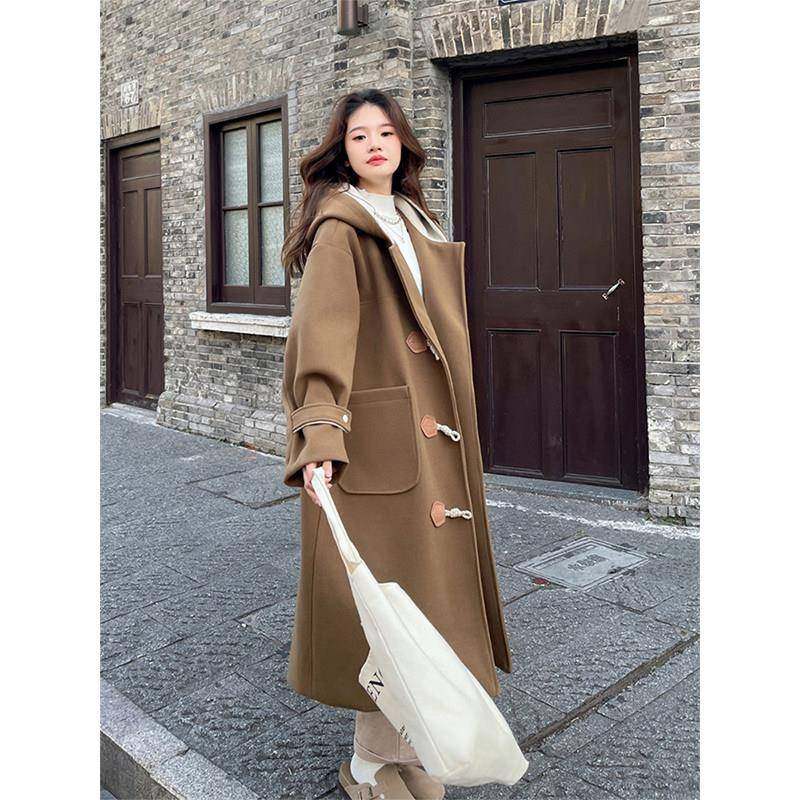 特大码女装胖mm美拉德牛角扣毛呢外套女冬季长款过膝连帽呢子大衣