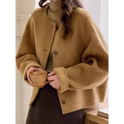 2025新款秋冬双面羊绒大衣女式短款韩式宽松圆领羊毛大衣