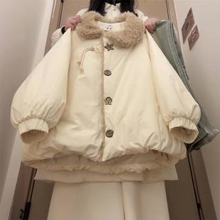 大码 韩系学院风羊羔毛翻领棉服女胖mm宽松加厚保暖面包服外套 女装