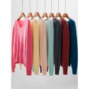 特价 内蒙古产山羊绒衫 女V领拉绒宽松慵懒风毛衣针织羊毛打底衫