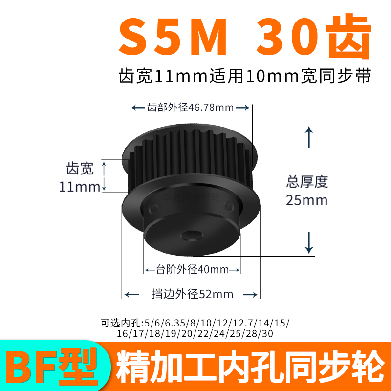 同步轮S5M30齿钢黑BF齿宽11内孔56.358101214套装定做同步带轮S5M-封面