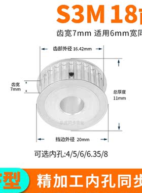 同步轮S3M18齿宽7内孔4 5 6 6.358同步带轮S3M同步皮带轮套装定做