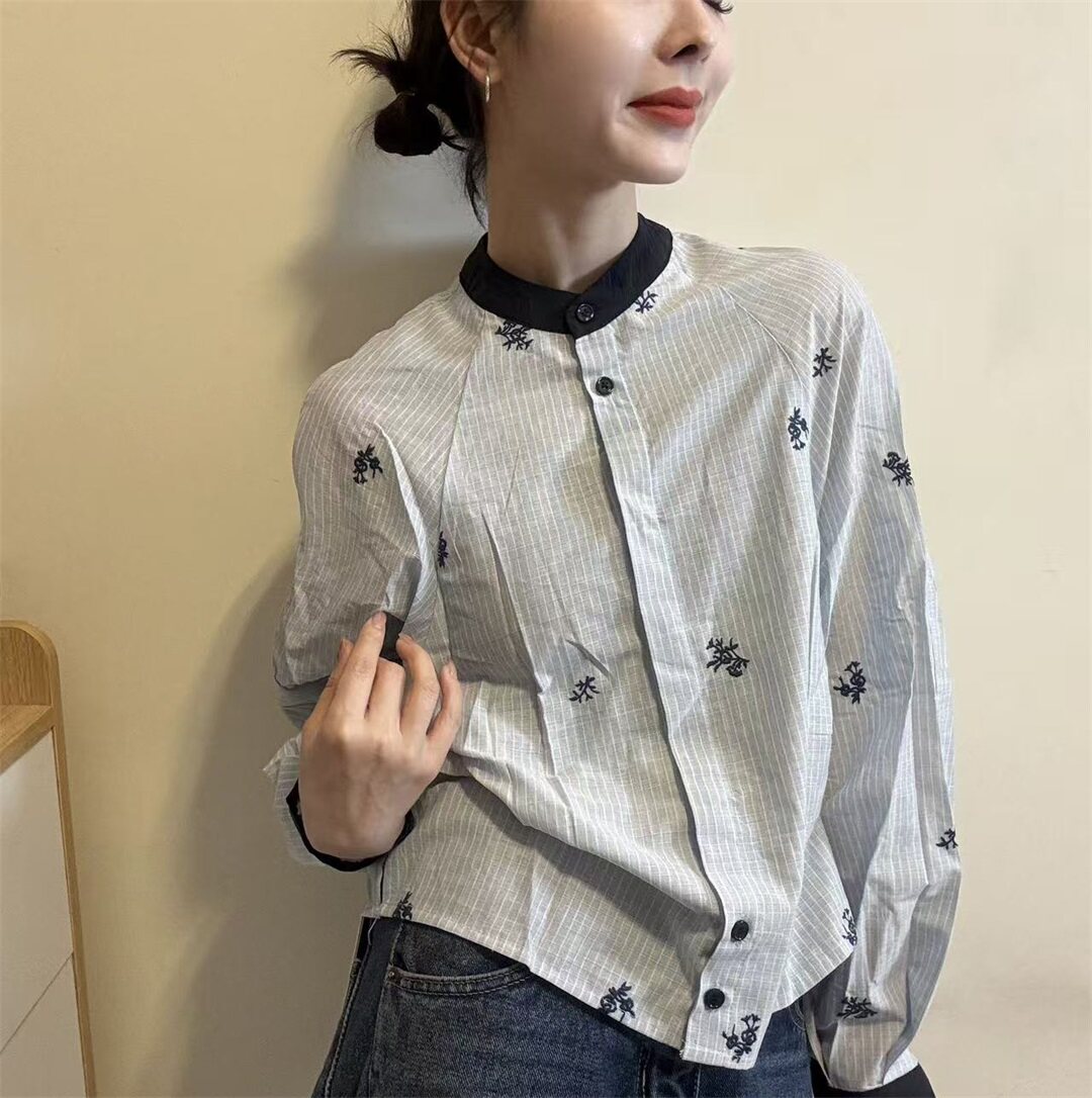 韩版刺绣条纹衬衫女2026春季新款长袖立领宽松百搭撞色休闲上衣