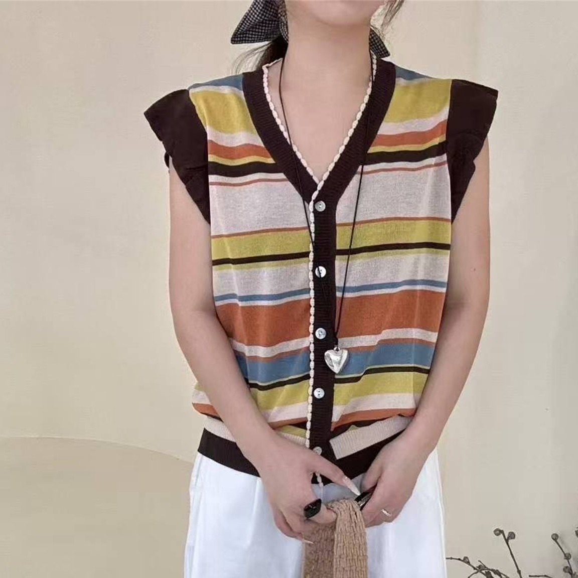 25夏季新款时尚百搭V领高级感无袖针织开衫女欧洲站马甲上衣85197