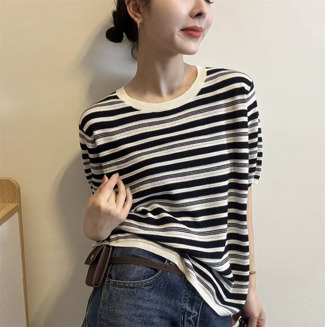 圆领撞色条纹短袖针织衫女2026春夏新款宽松显瘦打底T恤上衣2807