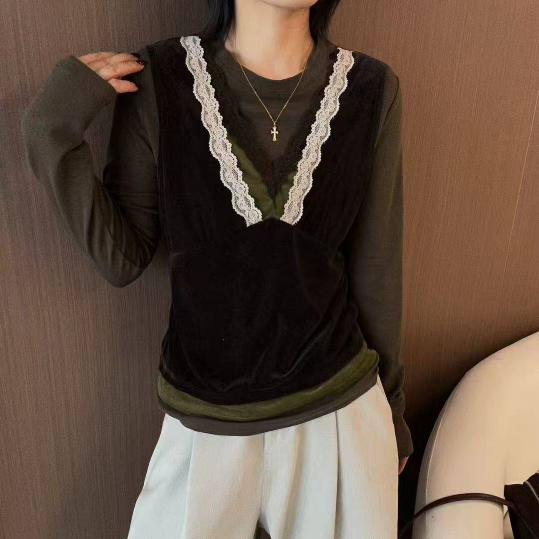 气质撞色V领蕾丝拼丝绒长袖T恤女2026早秋显瘦修身打底上衣32905