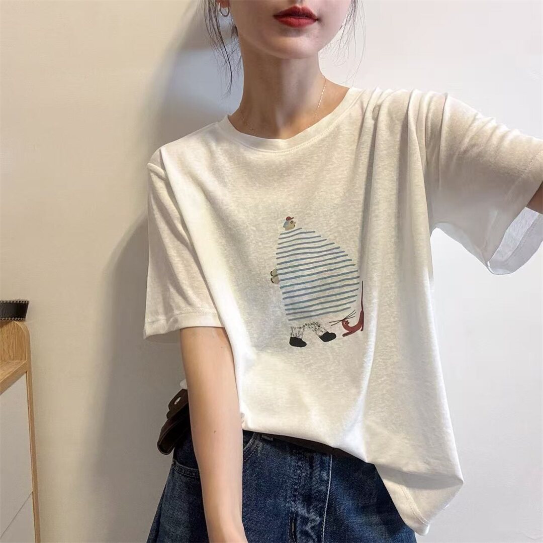 韩系圆领撞色卡通印花高级感短袖T恤女2026夏季新款宽松休闲上衣