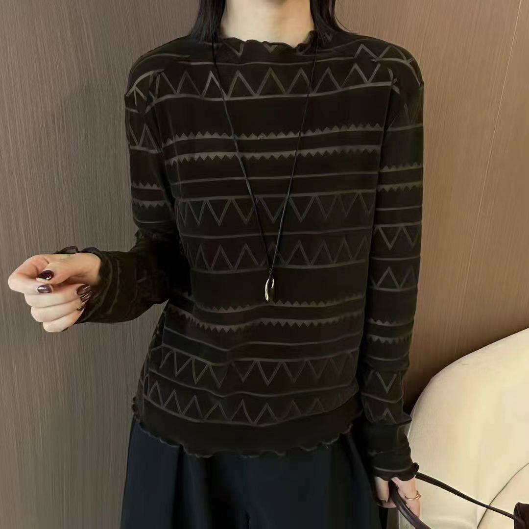 小众几何印花木耳边长袖针织衫女2026早秋款百搭显瘦打底衫32898