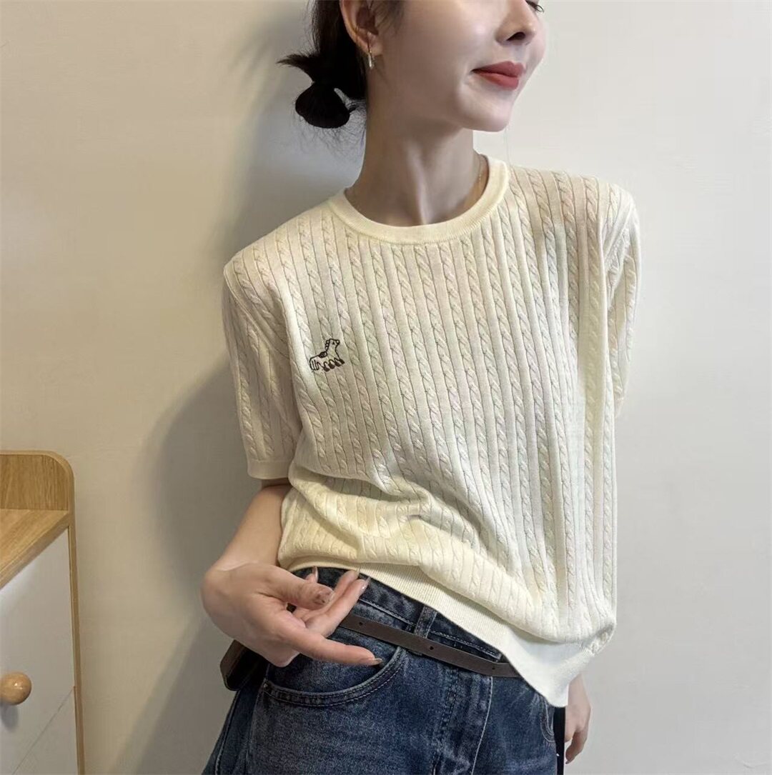 2026春季新款圆领拼卡通刺绣麻花纹设计感短袖套头针织衫上衣女潮