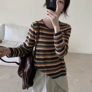 2025早秋新款 女欧洲站上衣潮18550 时尚 百搭圆领高级感条纹针织衫