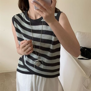 2025早秋新款 女欧洲站上衣潮36338 时尚 百搭圆领高级感条纹针织衫