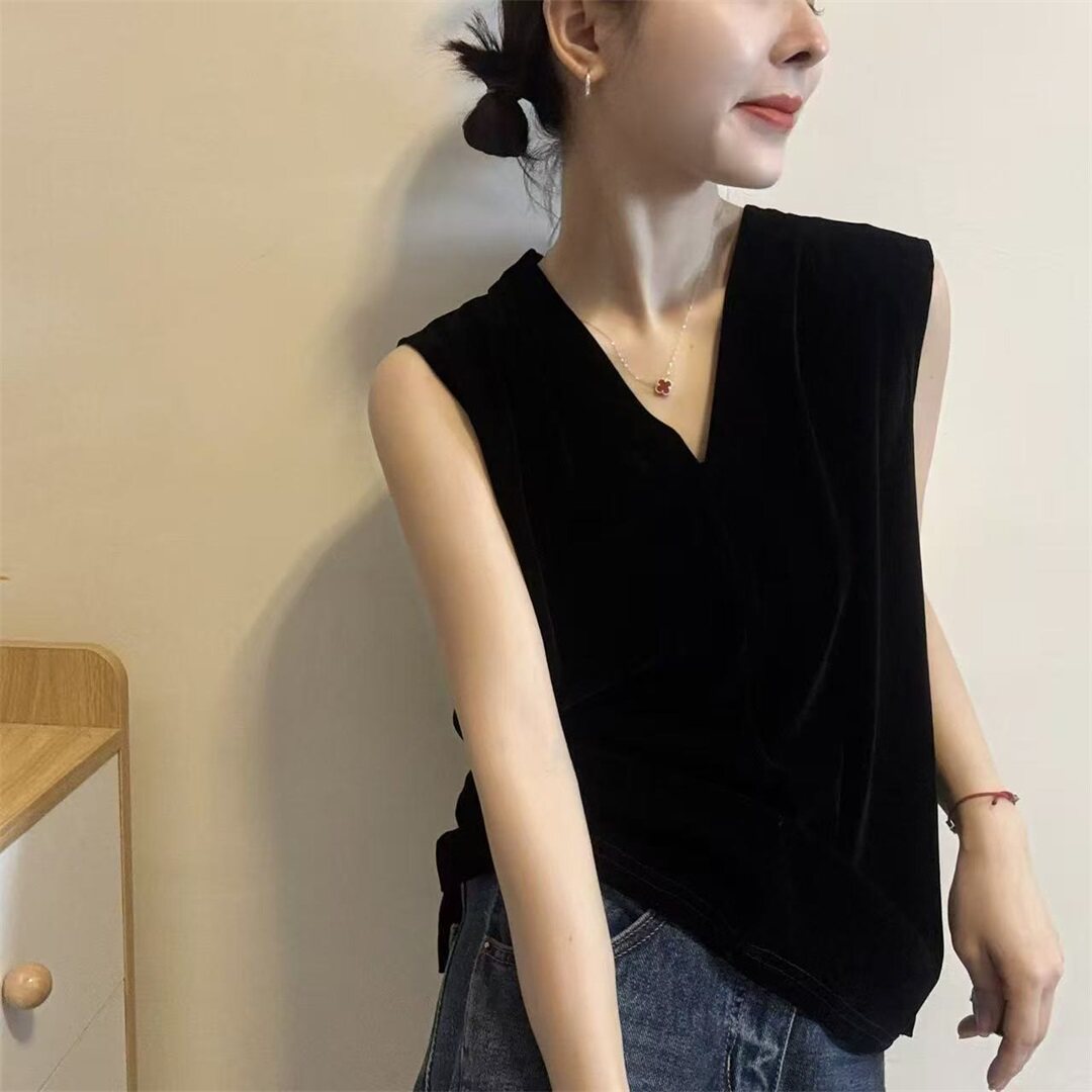 黑色显瘦薄丝绒V领无袖上衣女2026夏季新款宽松百搭休闲T恤32295