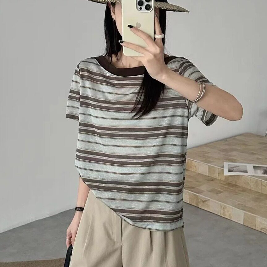 韩版圆领撞色条纹短袖T恤女2026夏季新款宽松显瘦百搭上衣613185