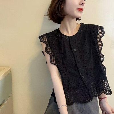 2025夏季新款时尚百搭圆领无袖T恤女欧洲站高级镂空开衫上衣30660
