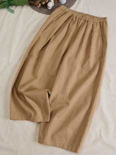 棉兰壹旧2025三季女款文艺卡其纯棉斜纹布松紧腰宽松九分阔腿裤