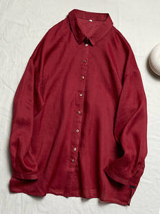 26春复古酒红廓形朦胧通透感细支苎麻超薄翻领男友风女衬衫 壹旧同