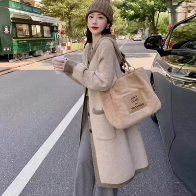 中长款连帽过膝纯色宽松开衫毛线