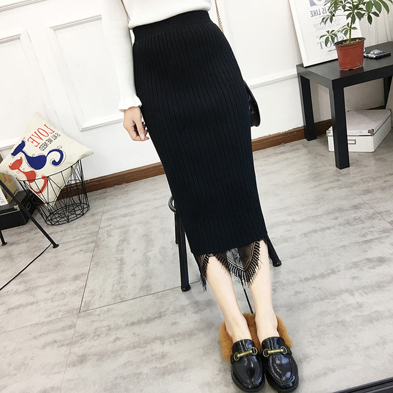 蕾丝裙针织裙新款包臀半身裙女秋冬中长款一步裙两面穿裙子加厚潮