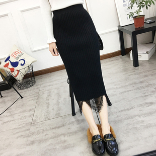 蕾丝裙针织裙新款 一步裙两面穿裙子加厚潮 包臀半身裙女秋冬中长款