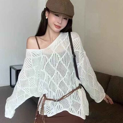韩系慵懒风镂空V领配腰带罩衫春夏新款时尚露肩宽松显瘦上衣女潮
