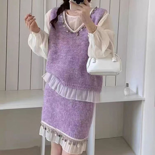 重工亮片马甲裙子两件套装 春秋新款 设计感蕾丝拼接串珠小香风套装