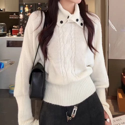 韩系高级感纽扣翻领麻花纹针织衫