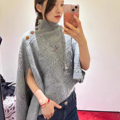 韩系氛围感高领斗篷披肩毛衣女