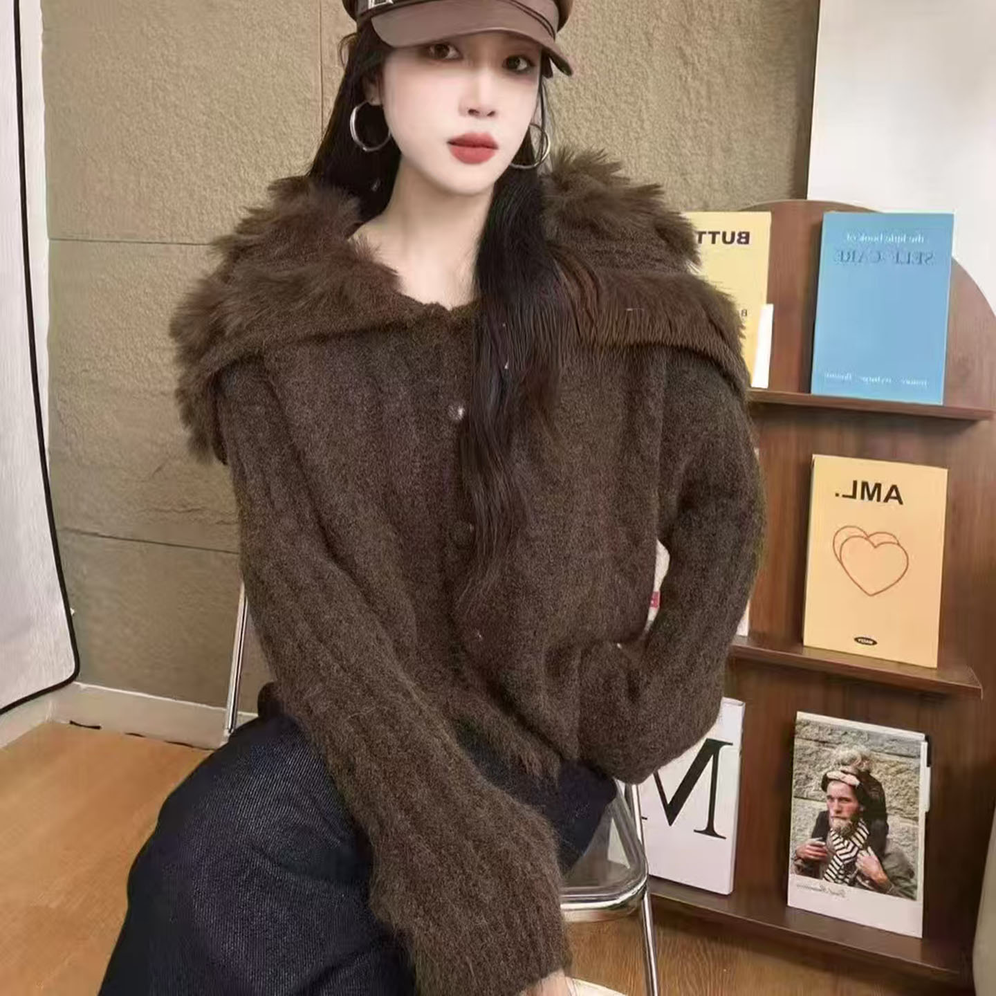 韩系仿皮草海军领毛毛拼接针织开衫女装秋冬新款时尚宽松保暖外套