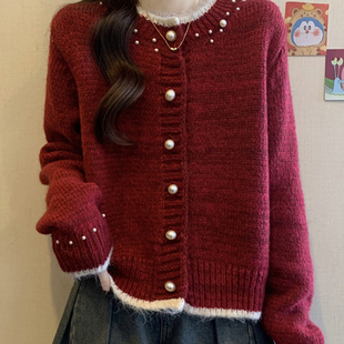 安哥拉红毛衣开衫女装秋冬圣诞新年战袍外套穿搭毛衣宽松外套上衣