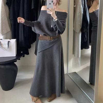 不规则露肩针织衫松紧腰半身裙女