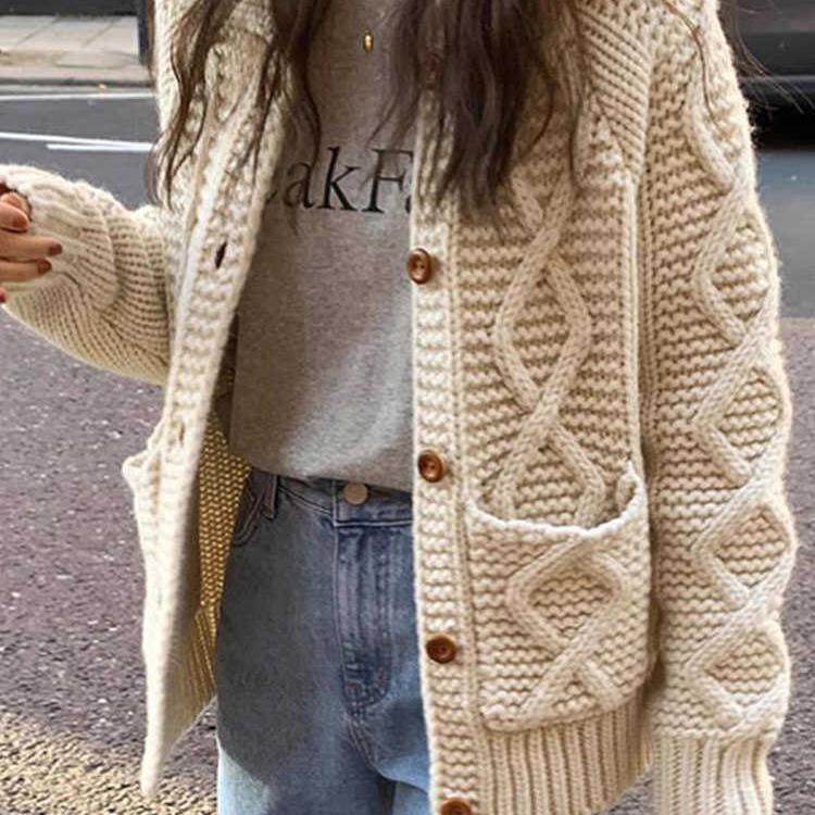 高品质~法式麻花毛衣外套女新款秋慵懒中长款长袖针织开衫上衣女