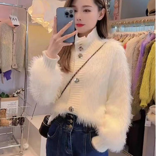 网红时尚毛毛外套女水貂绒针织宽松灯笼袖毛衣开衫百搭学院风秋冬