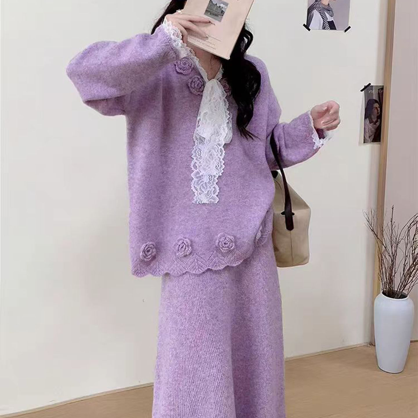 秋冬新款时尚套装设计感蕾丝拼接花朵上衣高腰显瘦遮肉半身裙长裙,女装/女士精品,毛针织衫,淘宝优惠券,粉丝福利购,淘宝优惠卷