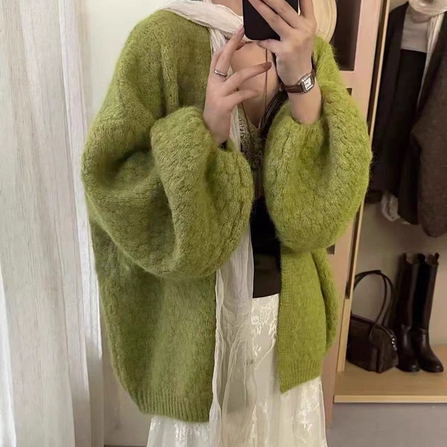 韩系慵懒风灯笼袖菠萝纹针织衫女图片