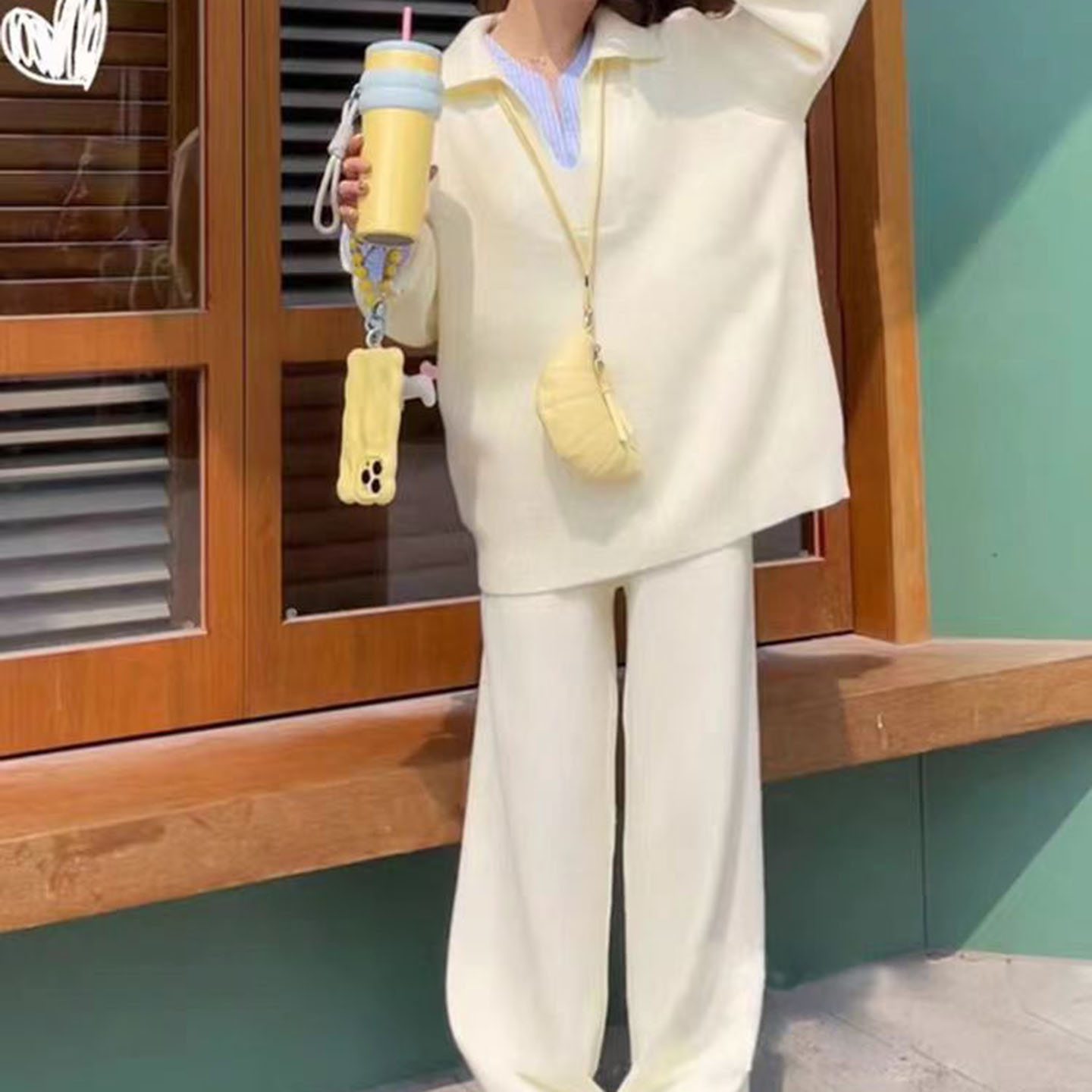 衬衫领假两件上衣高腰阔腿裤套装