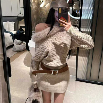 冬新款纯欲风麻花露肩毛毛针织裙
