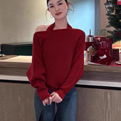 冬季 气质百搭上衣 女高级感时尚 新款 内搭设计感挂脖斜肩套头针织衫