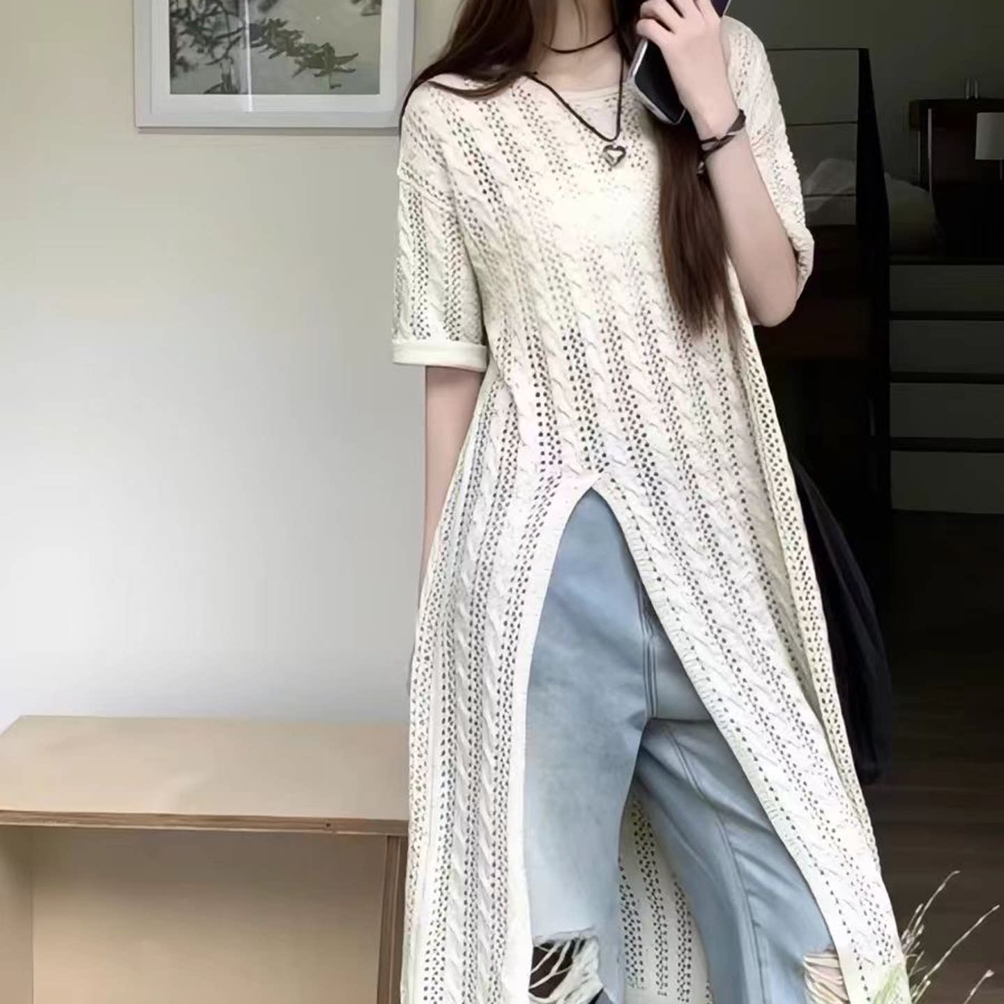 春夏季新款设计感开衩中长款过膝裙女镂空薄款透气防晒气质连衣裙