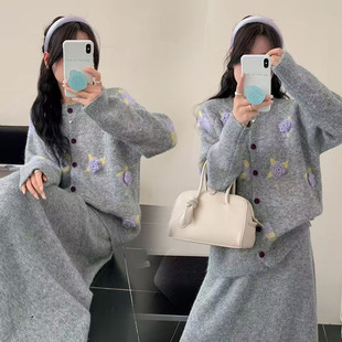 开衫 山茶花裙子套装 长裙慵懒连衣裙宽松胖mm遮肉显瘦两件套 款 冬季