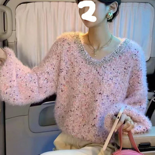 韩版镶钻V领显白彩色花点软糯毛衣女秋冬新款毛茸茸内搭打底上衣