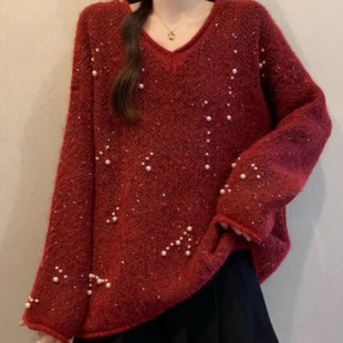 新年冬季新款内搭上衣高级感钉珠亮片v领套头针织衫女氛围感毛衣