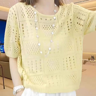 高级感时尚 韩系钩花镂空短袖 女春夏新款 薄款 简约上衣潮 T恤针织衫
