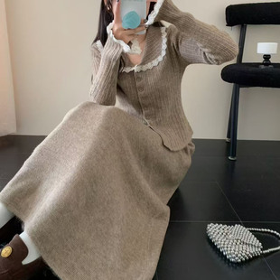 气质套装 法式 设计感蕾丝拼接翻领上衣高腰遮肉半身裙长裙秋冬新款