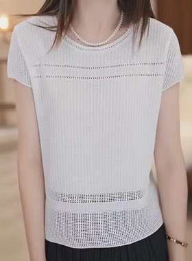 韩系镂空钩花圆领短袖针织衫女